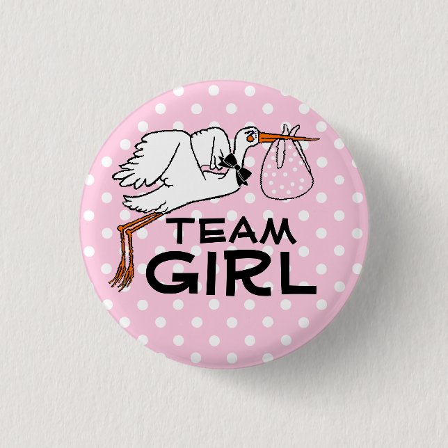Team-Mädchen-Rosa-Storch-Babyparty-Geschlecht Button (Vorderseite)