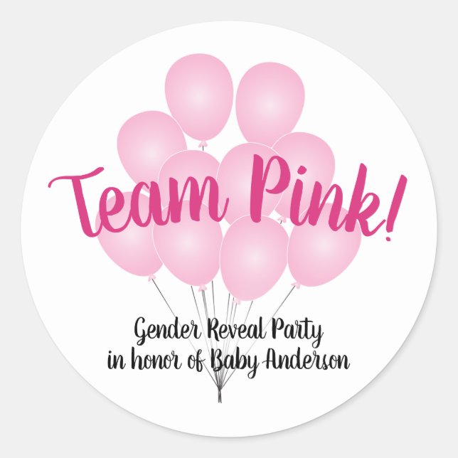 Team Pink Balloons Gender Reveal Party Weiß Runder Aufkleber (Vorderseite)