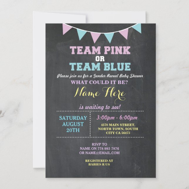 Team Pink oder Blue Gender Reveal Baby Dusche einl Einladung (Vorderseite)