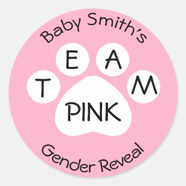 Team Pink Paw Print Gender Reveal Runder Aufkleber (Vorderseite)