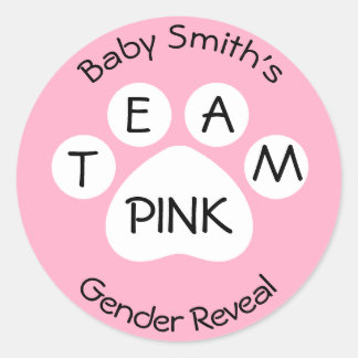 Team Pink Paw Print Gender Reveal Runder Aufkleber