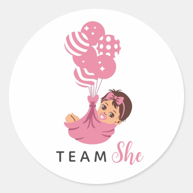 Team She Pink Balloon Baby Girl Runder Aufkleber (Vorderseite)