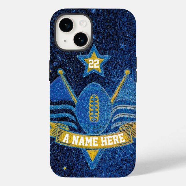 Team Sports Blue & Gold Glitzer Uni Football Case-Mate iPhone 14 Hülle (Rückseite)