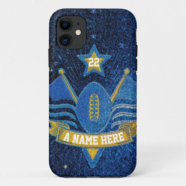 Team Sports Blue & Gold Glitzer Uni Football Case-Mate iPhone Hülle (Rückseite)