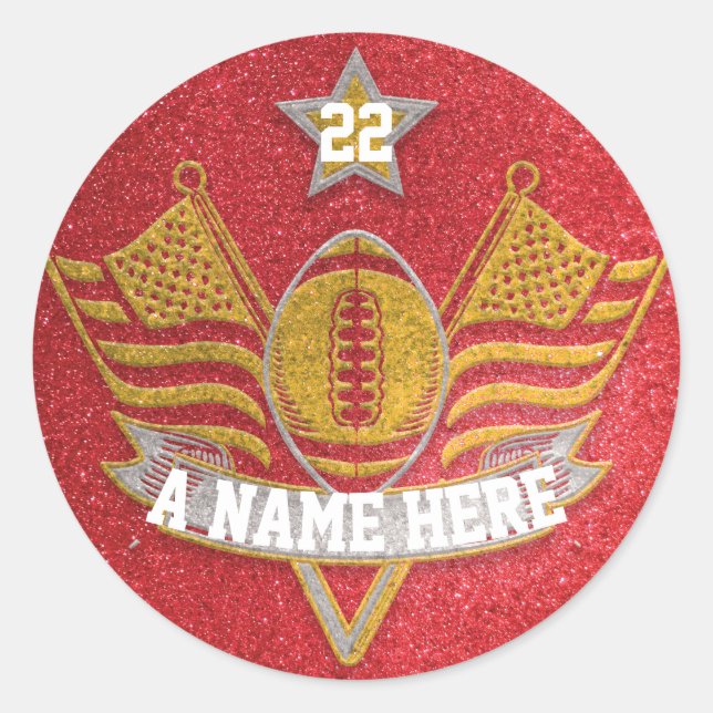 Team Sports Red & Gold Glitzer Uni Football Runder Aufkleber (Vorderseite)
