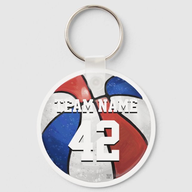 Teamname und Anzahl Red White Blue Basketball Schlüsselanhänger (Vorderseite)