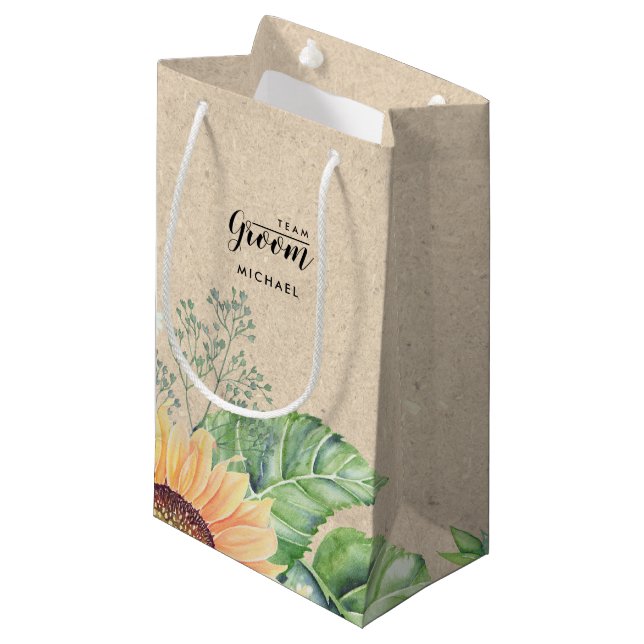 Teamraum. Sonnenblumen Kraft Papiertücher Kleine Geschenktüte (Vorderseite Schrägansicht)