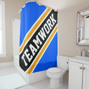 TEAMWORK Hellblau Orange Schwarz Rennstreifen Duschvorhang