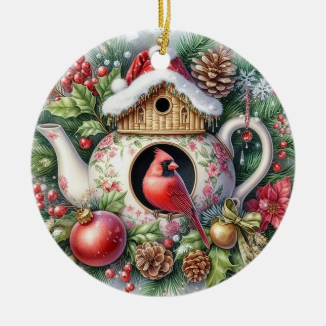 Teapot Birdhouse Kardinal 3 Keramik Ornament (Vorne)