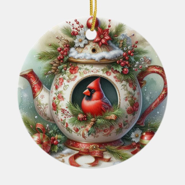 Teapot Birdhouse Kardinal 4 Keramik Ornament (Vorne)