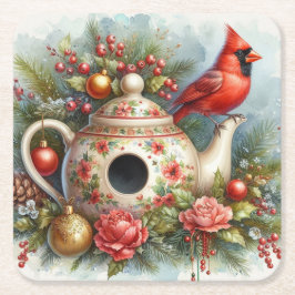 Teapot Birdhouse Kardinal 4 Rechteckiger Pappuntersetzer