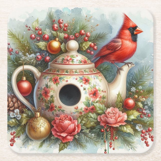 Teapot Birdhouse Kardinal 4 Rechteckiger Pappuntersetzer (Vorderseite)