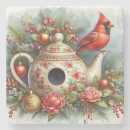 Teapot Birdhouse Kardinal 4 Steinuntersetzer