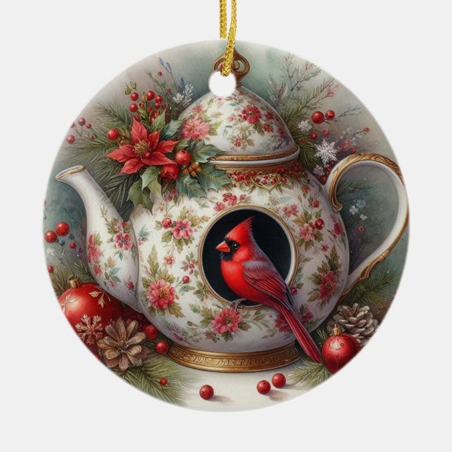 Teapot Birdhouse Kardinal 5 Keramik Ornament (Vorne)