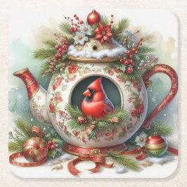 Teapot Birdhouse Kardinal 5 Rechteckiger Pappuntersetzer