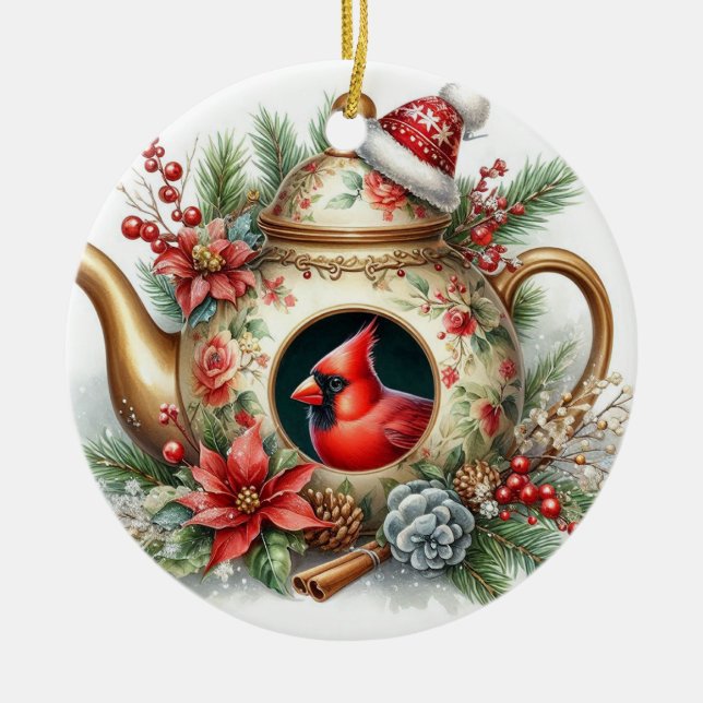Teapot Birdhouse Kardinal 6 Keramik Ornament (Vorne)