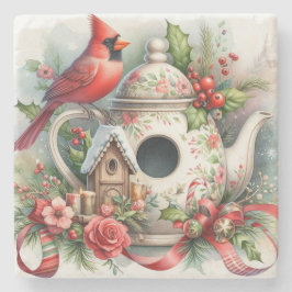 Teapot Birdhouse Kardinal 7 Steinuntersetzer