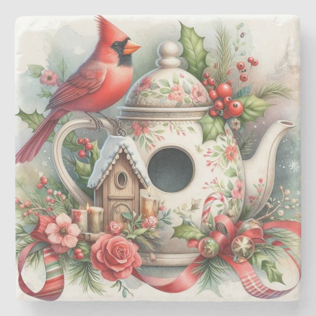 Teapot Birdhouse Kardinal 7 Steinuntersetzer (Vorderseite)