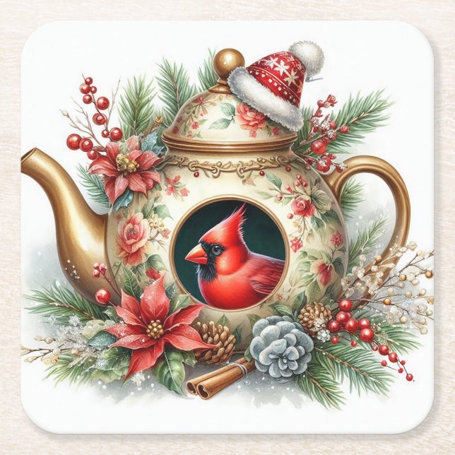 Teapot Birdhouse Kardinal 8 Rechteckiger Pappuntersetzer (Vorderseite)