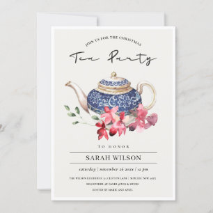 Teapot bleu rouge Floral Invitation de la fête du 
