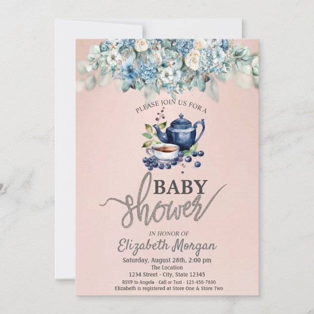 Teapot Blueberry Floral Baby Dusche Einladung (Vorderseite)