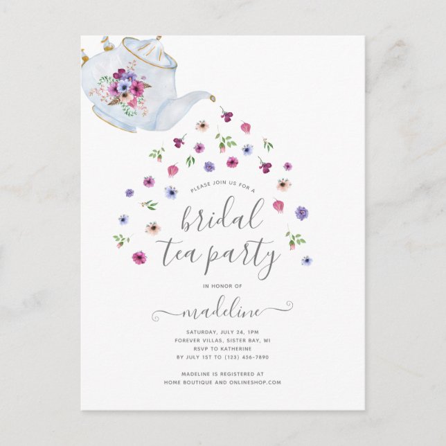 Teapot Floral Brautparty Tee Party Einladung Postkarte (Vorderseite)