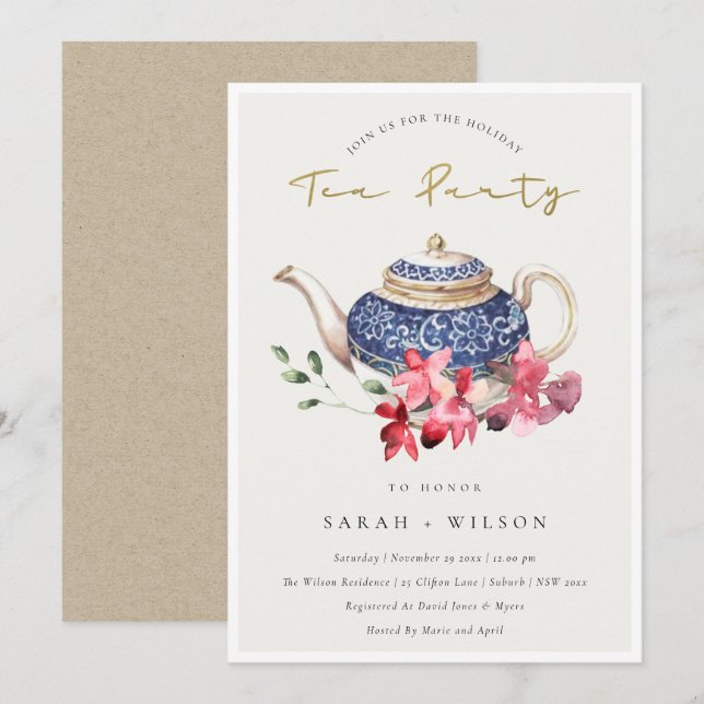 Teapot floral Rouge Bleu Fête de thé Invitation (Devant / Derrière)