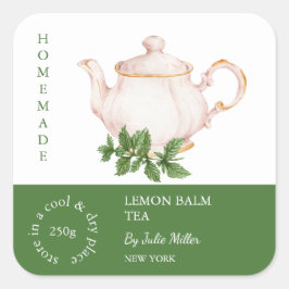 Teapot Lemon Balm Tea Label Quadratischer Aufkleber