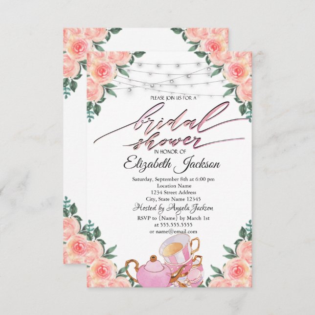 Teapot Macaron String Lights Rose Brautparty Einladung (Vorne/Hinten)
