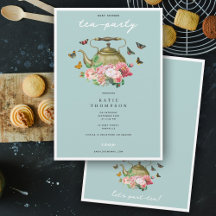 Teapot Party Blue Floral Butterflies Baby Shower