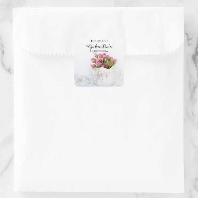 Teapot Pink Roses Quinceañera Vielen Dank für Ihre Quadratischer Aufkleber (Tasche)
