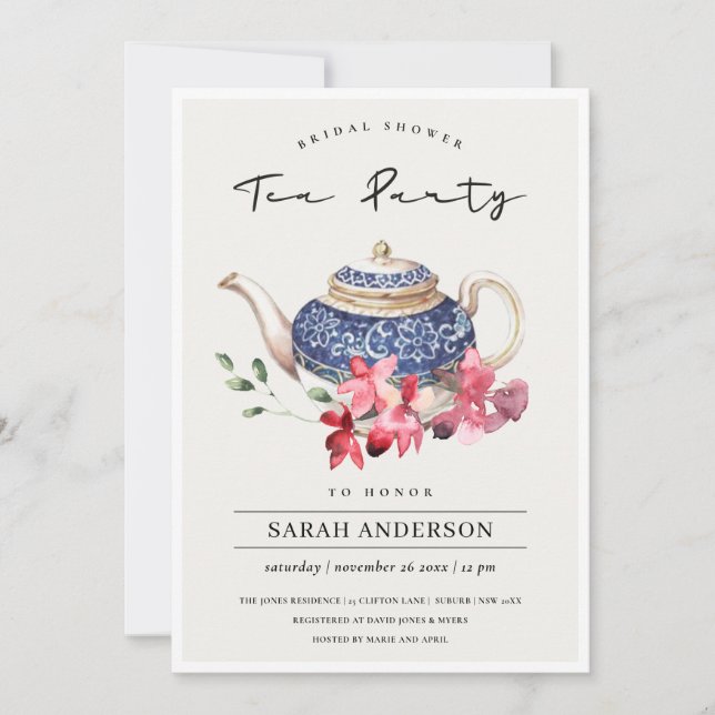 Teapot Red Floral Brautparty Tee Party Einladung (Vorderseite)
