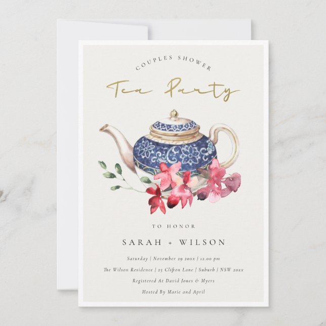 Teapot Red Floral Couples Dusche Tee Party Einladu Dankeskarte (Vorderseite)