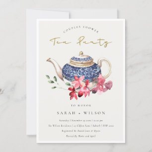Teapot Red Floral Couples Dusche Tee Party Einladu Dankeskarte