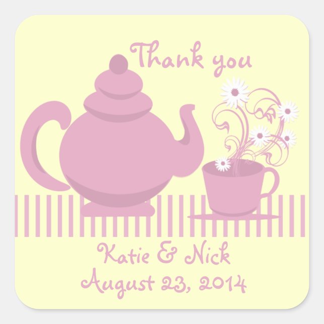 Teapot und Daisies Pink Quadratischer Aufkleber (Vorderseite)