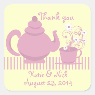 Teapot und Daisies Pink Quadratischer Aufkleber