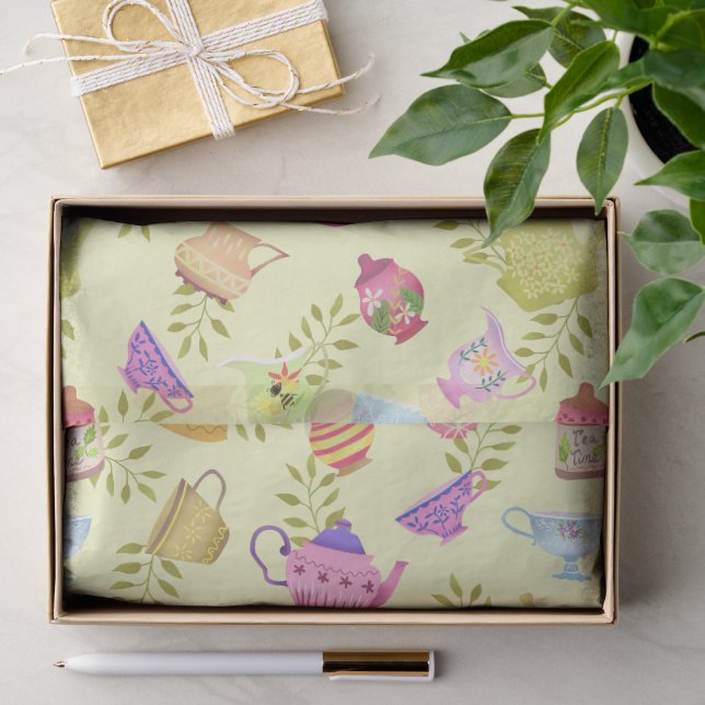 Teapots and Cups Garden Yellow Seidenpapier (Geschenk)