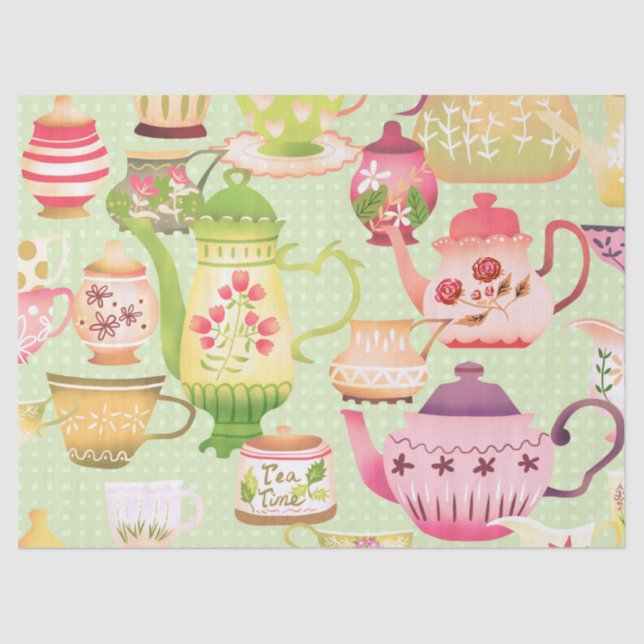 Teapots Teacups Green Seidenpapier (Vorderseite)