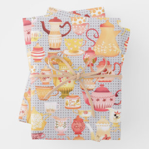 Teapots und Cups Grau Geschenkpapier Set