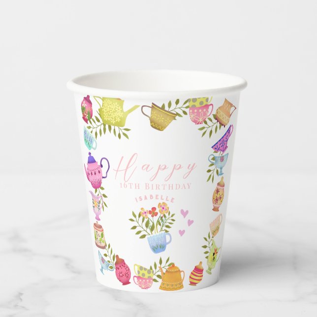 Teapots und Cups zum Geburtstag Pappbecher (Vorderseite)