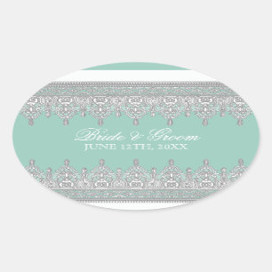 Tear Drop Lace, Aqua Blue Wedding Siegel oder Aufk Ovaler Aufkleber