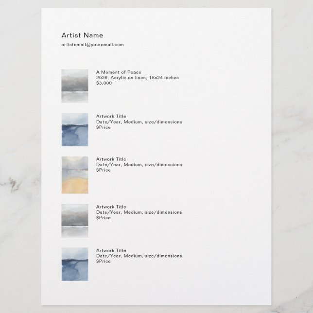 Tear Sheet Price Sheet Template for Art Briefbogen (Vorderseite)