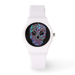 Teardrop Candy Skull in Blau, Grün und Rosa Armbanduhr
