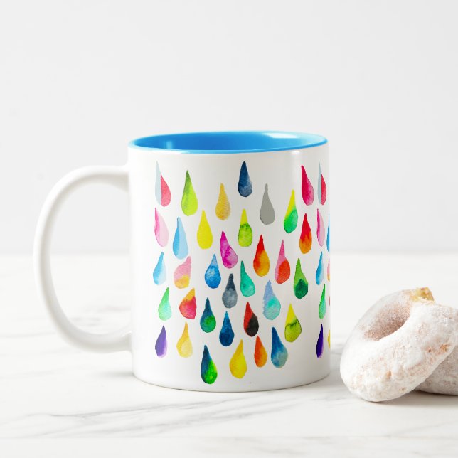 Teardrops Aquarell farbenfroh whimsical Zweifarbige Tasse (Mit Donut)