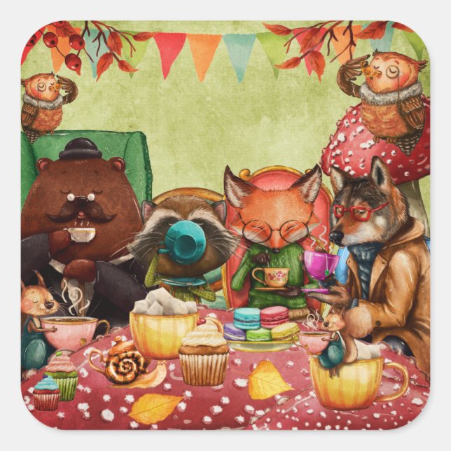 Teatime im Wald mit den Waldfreunden Quadratischer Aufkleber (Vorderseite)