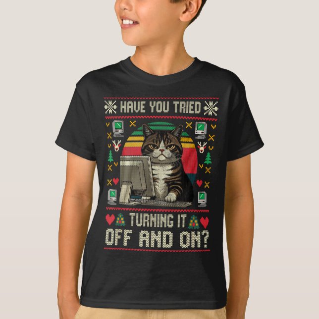 Tech Suprts Cat Engineer Computer Ugly Christmas S T-Shirt (Vorderseite)