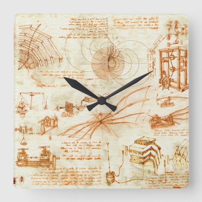 Technical drawing & sketches by Leonardo da Vinci Quadratische Wanduhr (Vorderseite)