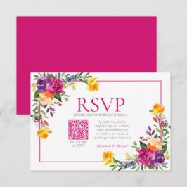 Technicolor Boho Floral QR Code Wedding RSVP Karte