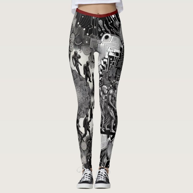 Technische Evolution: Futuristische Schwarz-Weiß-K Leggings (Vorderseite)