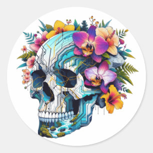 Techno-Bloom Skull Runder Aufkleber